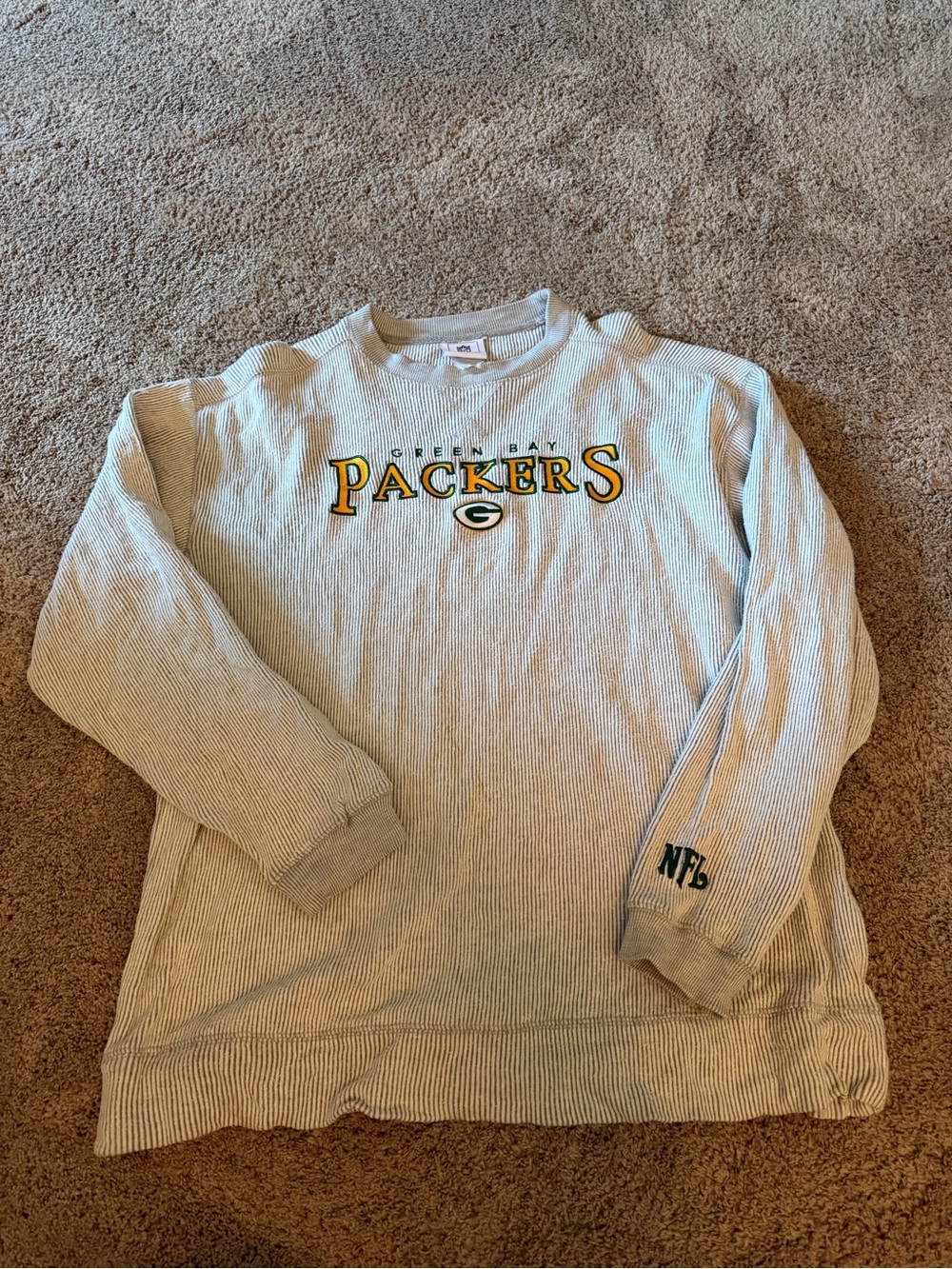 Green Bay Packers Woman’s Gray/White Striped Crewneck Sweatshirt
